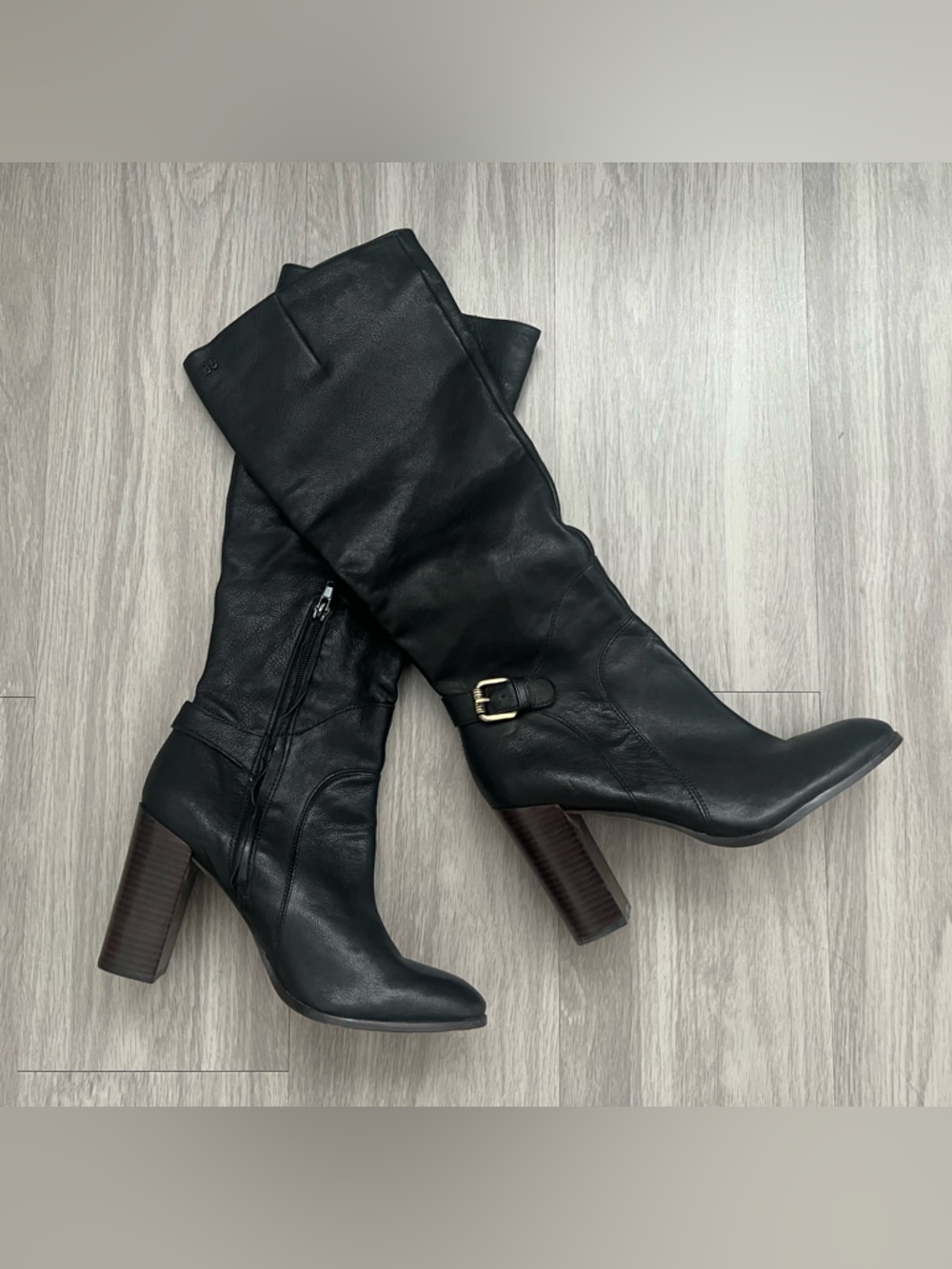 Sam Edelman Lucy Black Leather Knee-High Boots Block Heel Side Zip Women’s 8.5